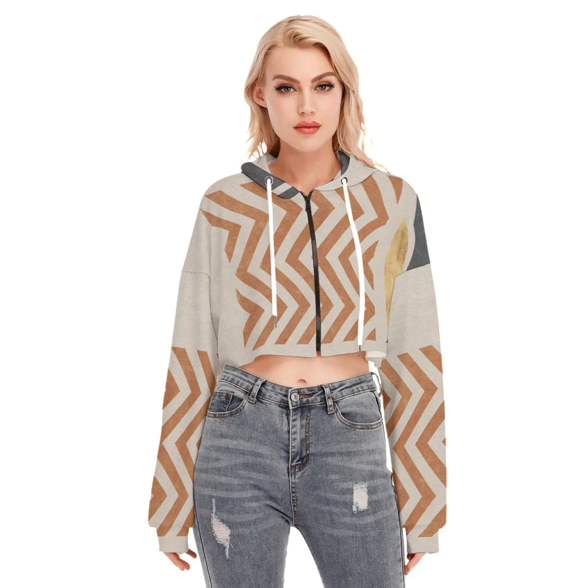 16All-Over Print Women's Cropped Hoodie With Zipper Closure rust and beige print