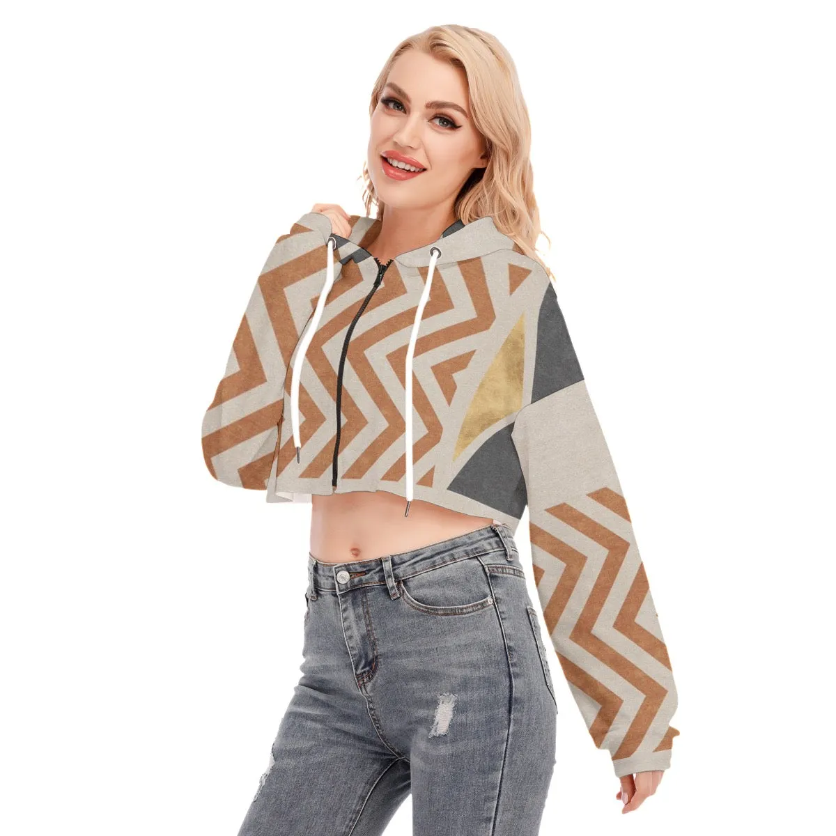 16All-Over Print Women's Cropped Hoodie With Zipper Closure rust and beige print