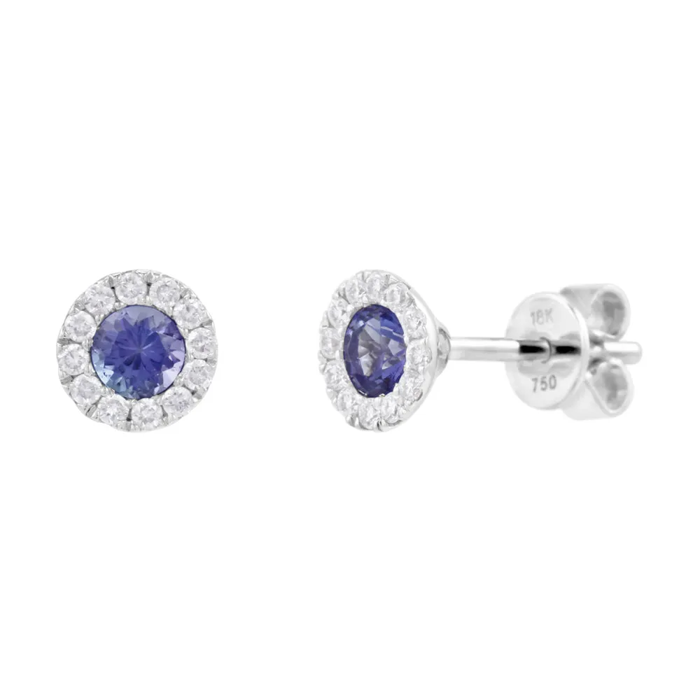 18ct White Gold 0.39ct Tanzanite and 0.17ct Diamond Halo Stud Earrings