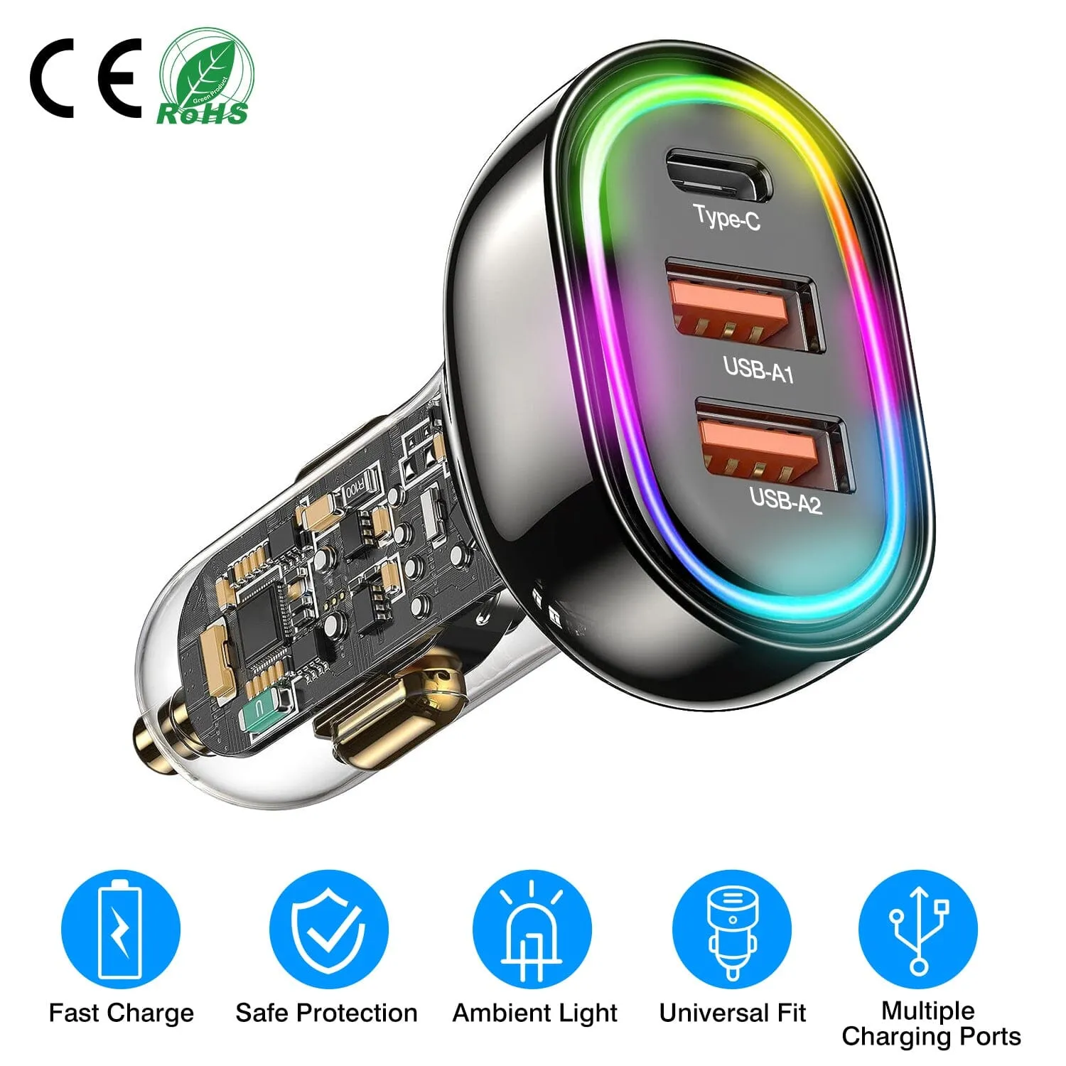 90W 3 Ports Fast Car Charger USB and Type C