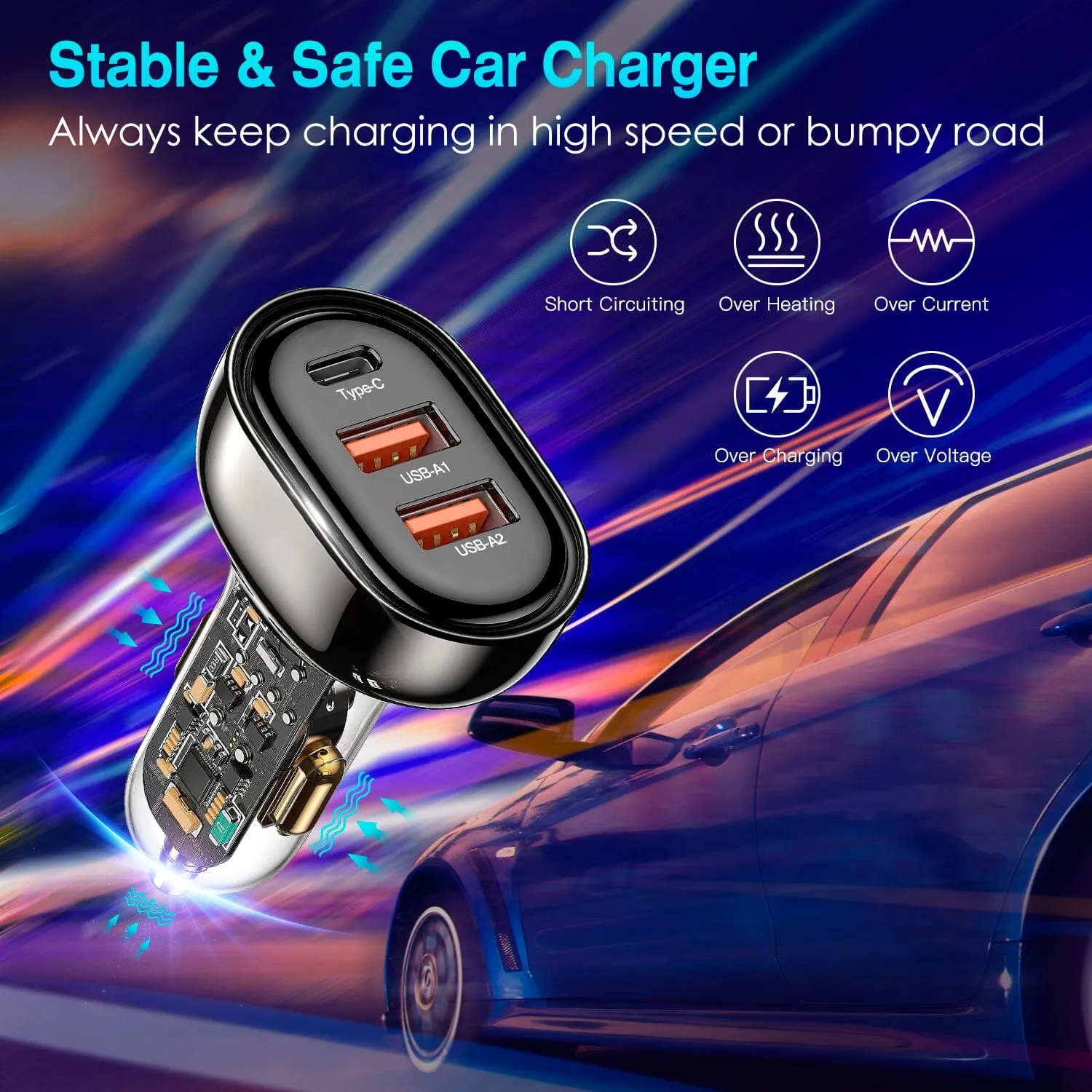 90W 3 Ports Fast Car Charger USB and Type C