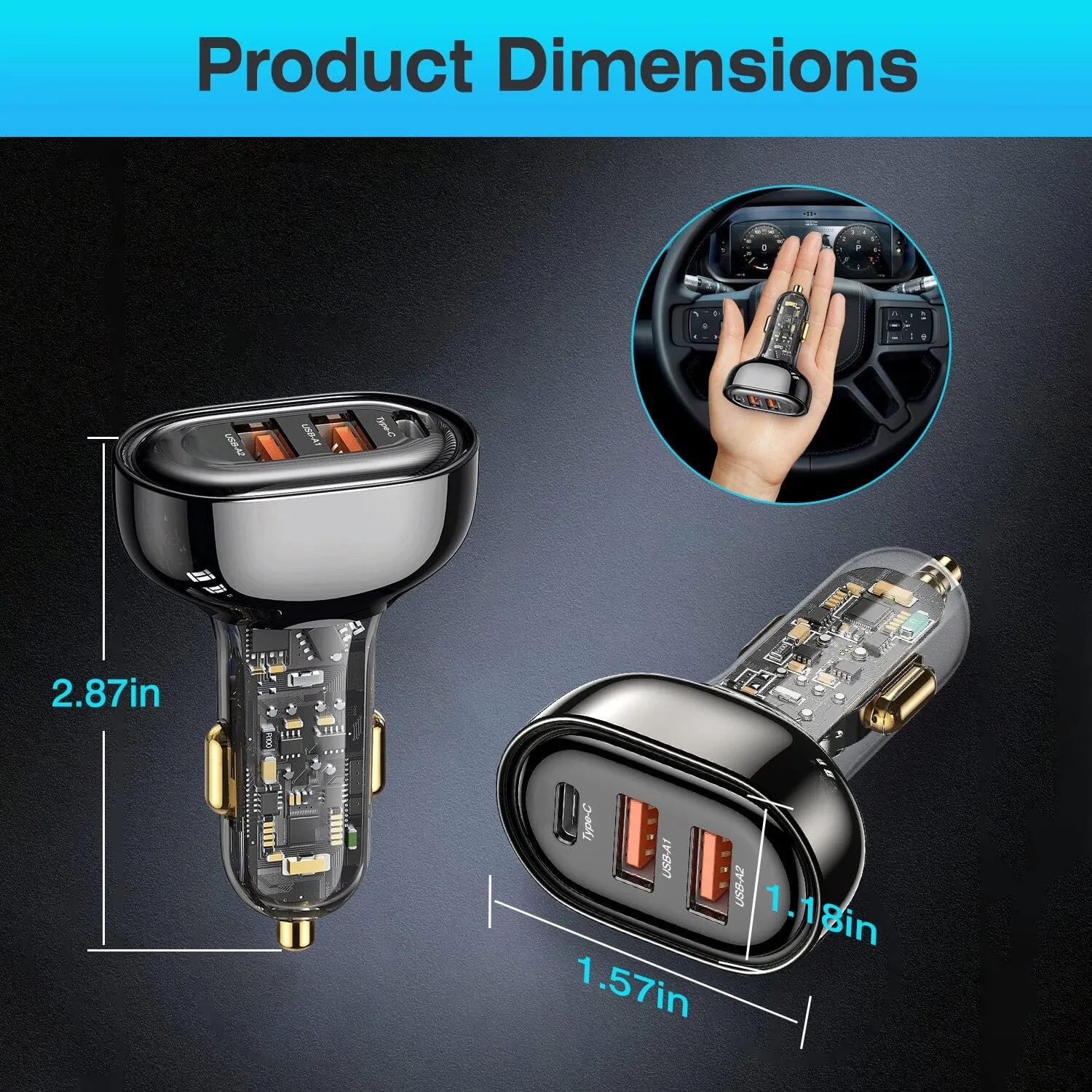 90W 3 Ports Fast Car Charger USB and Type C