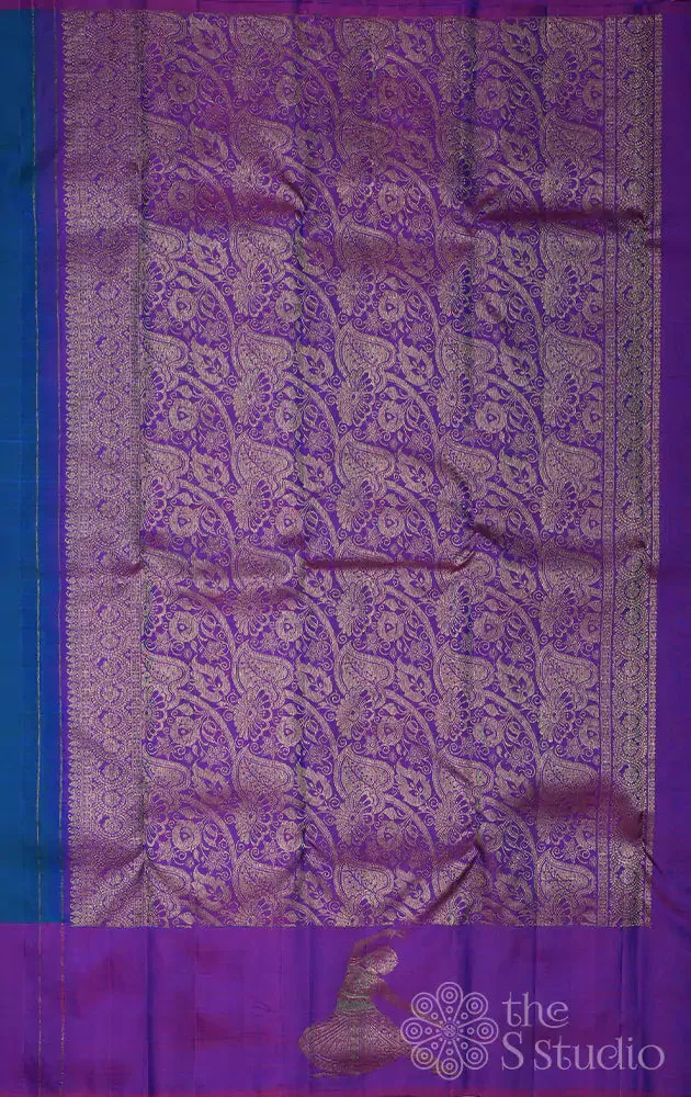 Anandha blue kanchi silk saree with purple dancing lady border