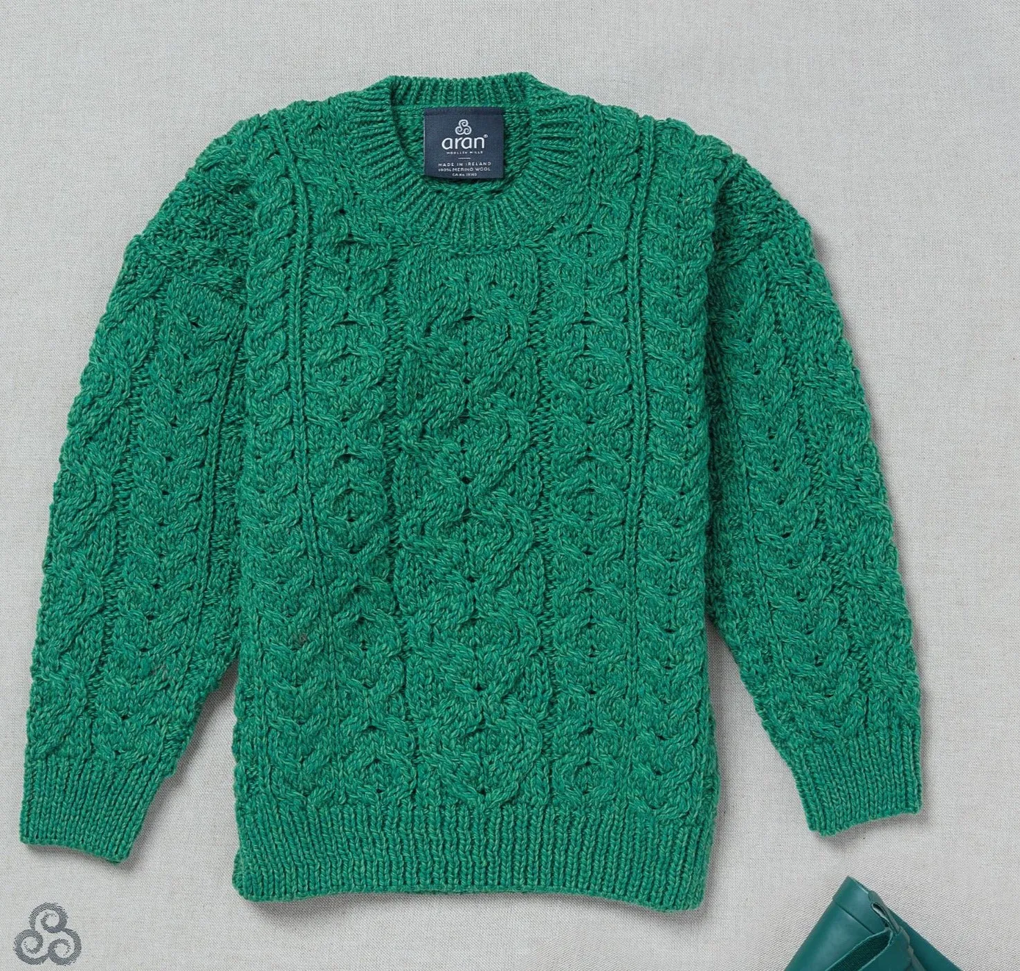 Aran - Children's Trellis Crew Neck Sweater - Green