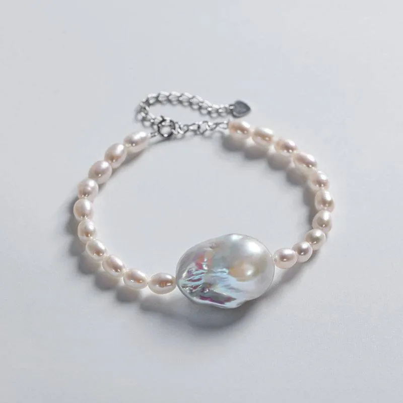 Baroque and Rice Pearl Necklace and Bracelet Set with Adjustable Chains
