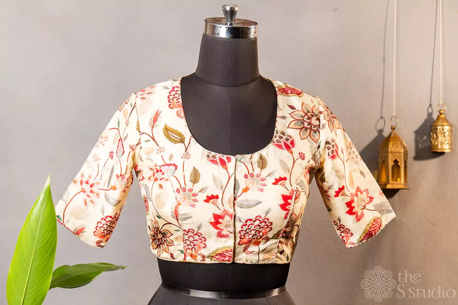 Beige floral printed semi silk readymade blouse