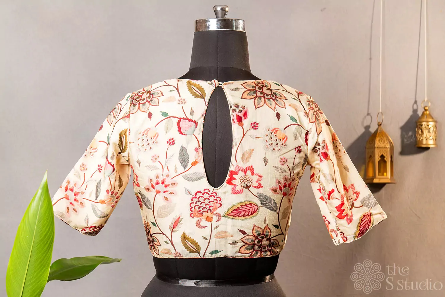 Beige floral printed semi silk readymade blouse