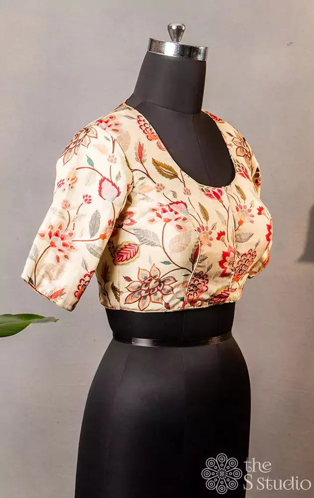 Beige floral printed semi silk readymade blouse