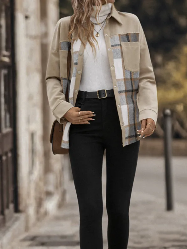 Beige Plaid Single-Breasted Coat-Jacket