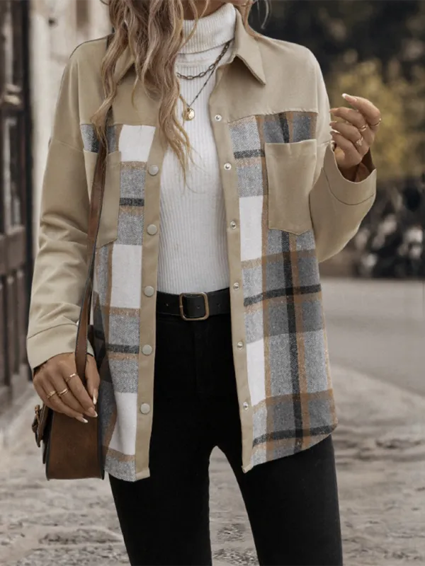 Beige Plaid Single-Breasted Coat-Jacket