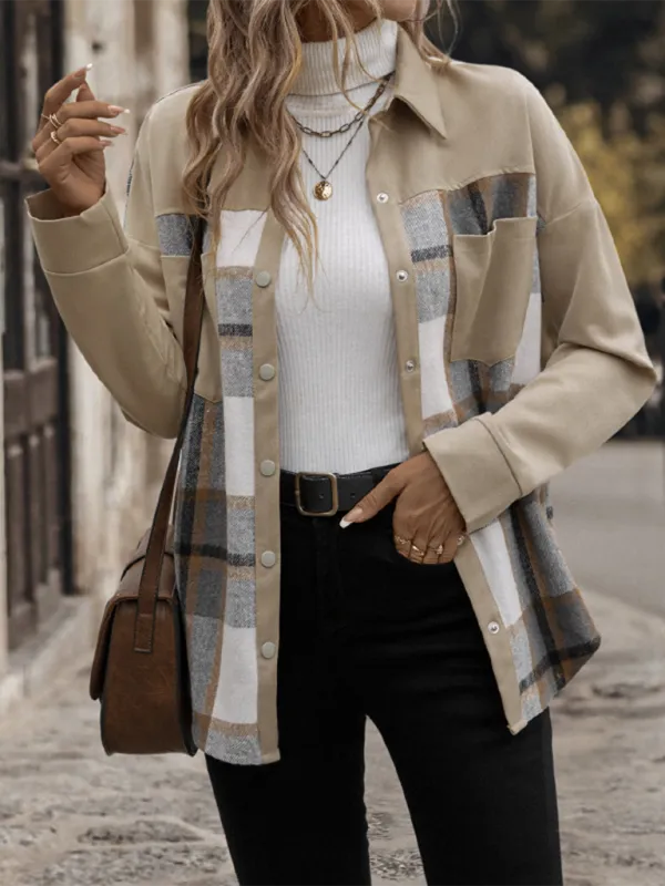 Beige Plaid Single-Breasted Coat-Jacket