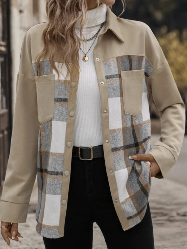 Beige Plaid Single-Breasted Coat-Jacket