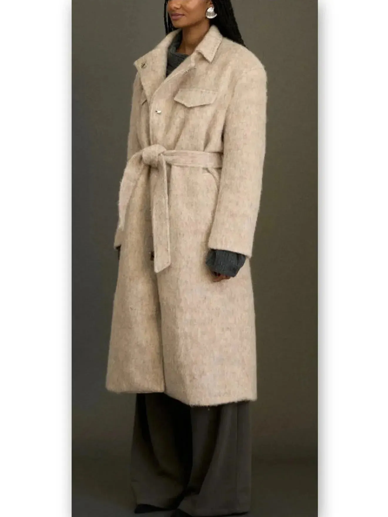 Belted Single-Breasted Mohair-Look Textured Coat