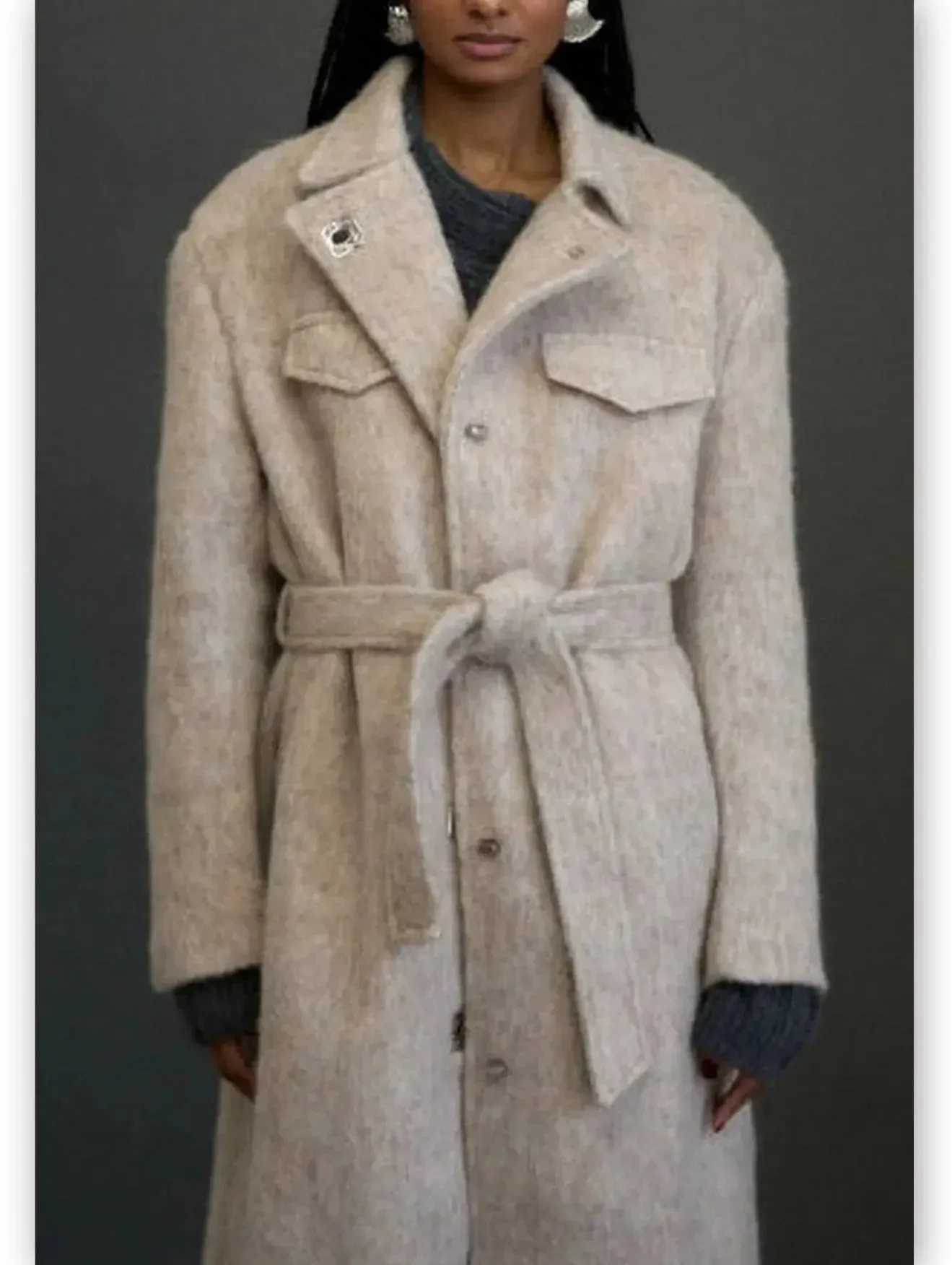 Belted Single-Breasted Mohair-Look Textured Coat