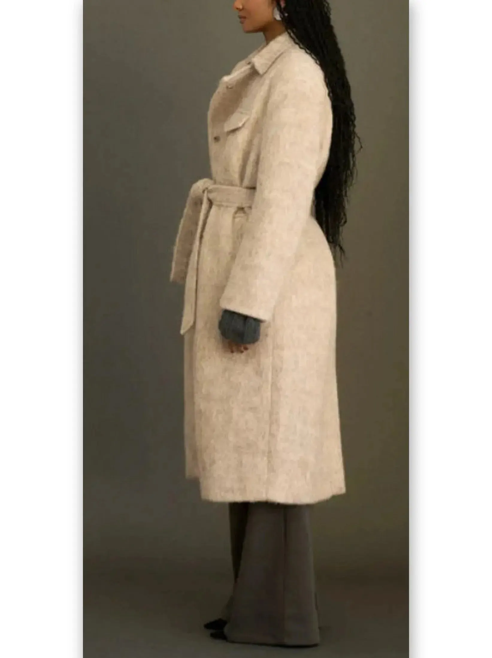 Belted Single-Breasted Mohair-Look Textured Coat