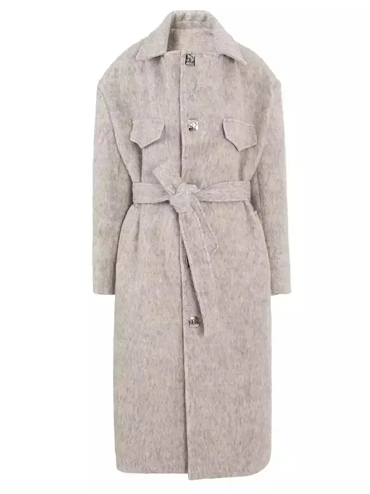 Belted Single-Breasted Mohair-Look Textured Coat