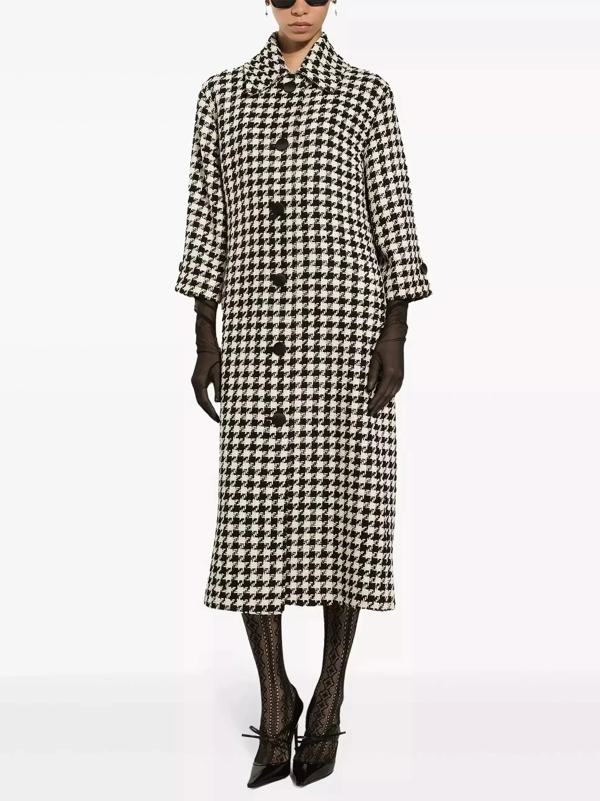 Black and White Houndstooth Single-Breasted Coat