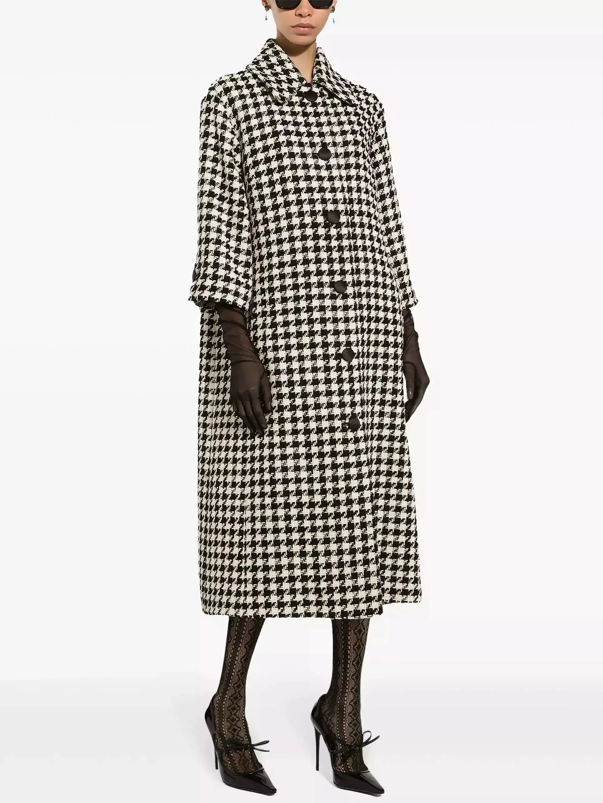 Black and White Houndstooth Single-Breasted Coat