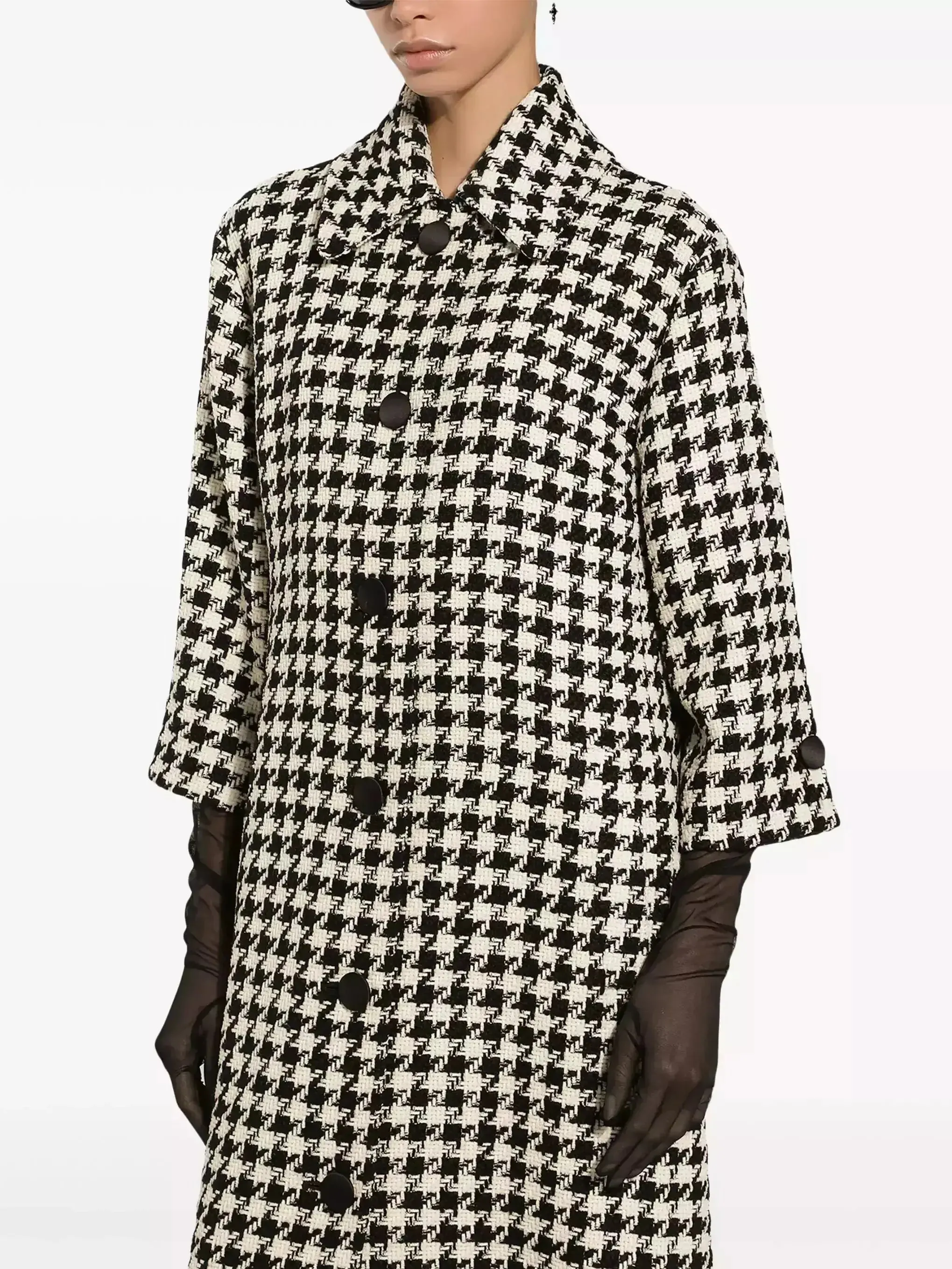 Black and White Houndstooth Single-Breasted Coat