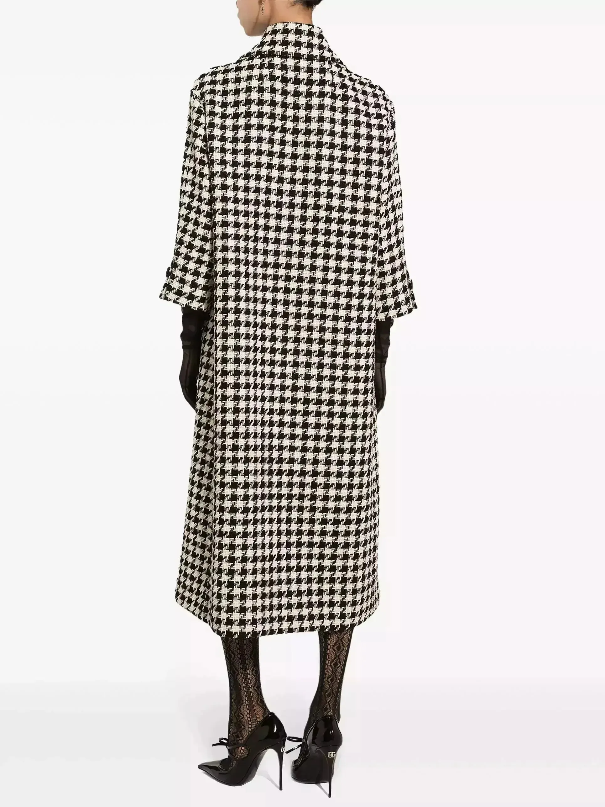 Black and White Houndstooth Single-Breasted Coat