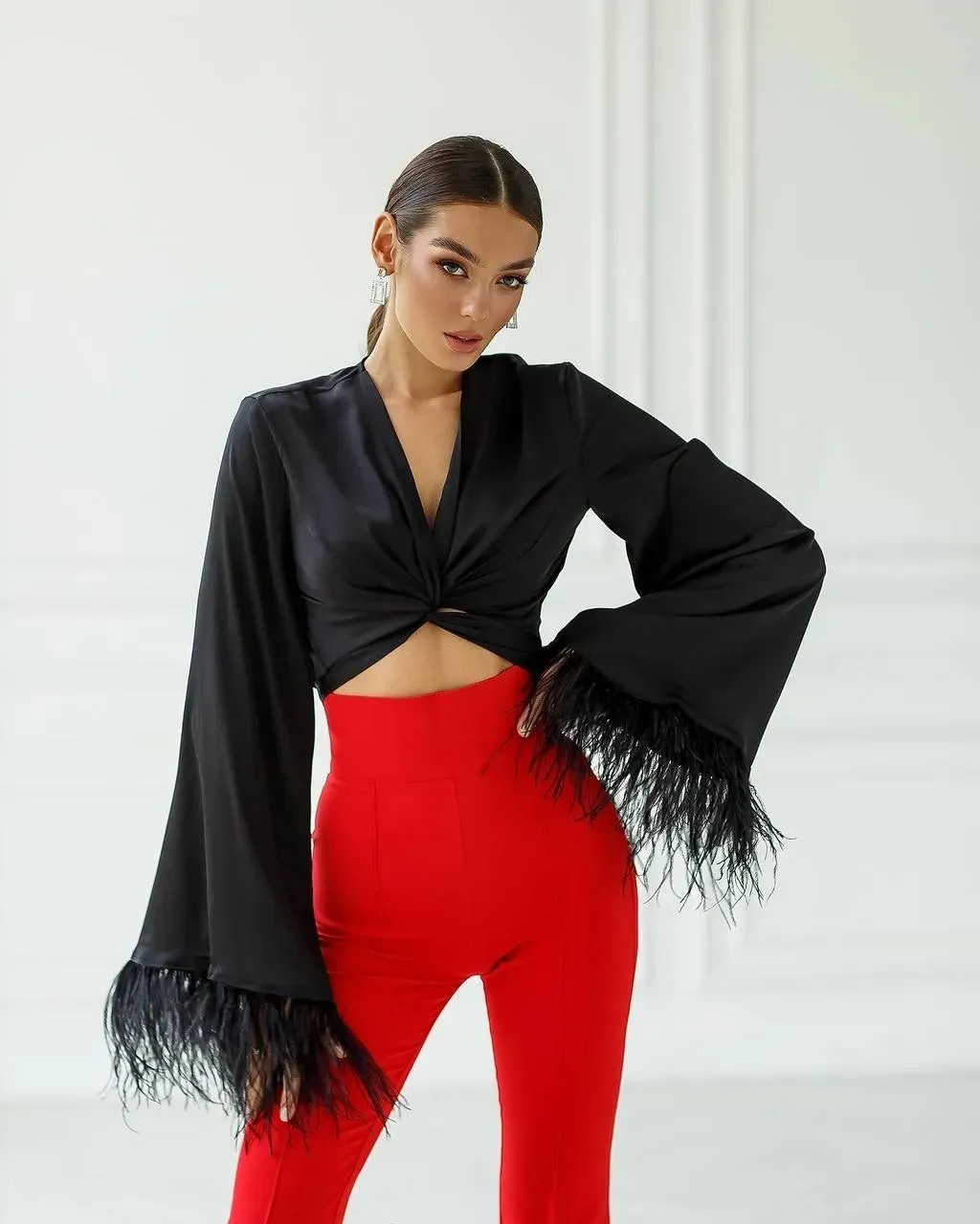 Black blouse with feathers "Wrap"