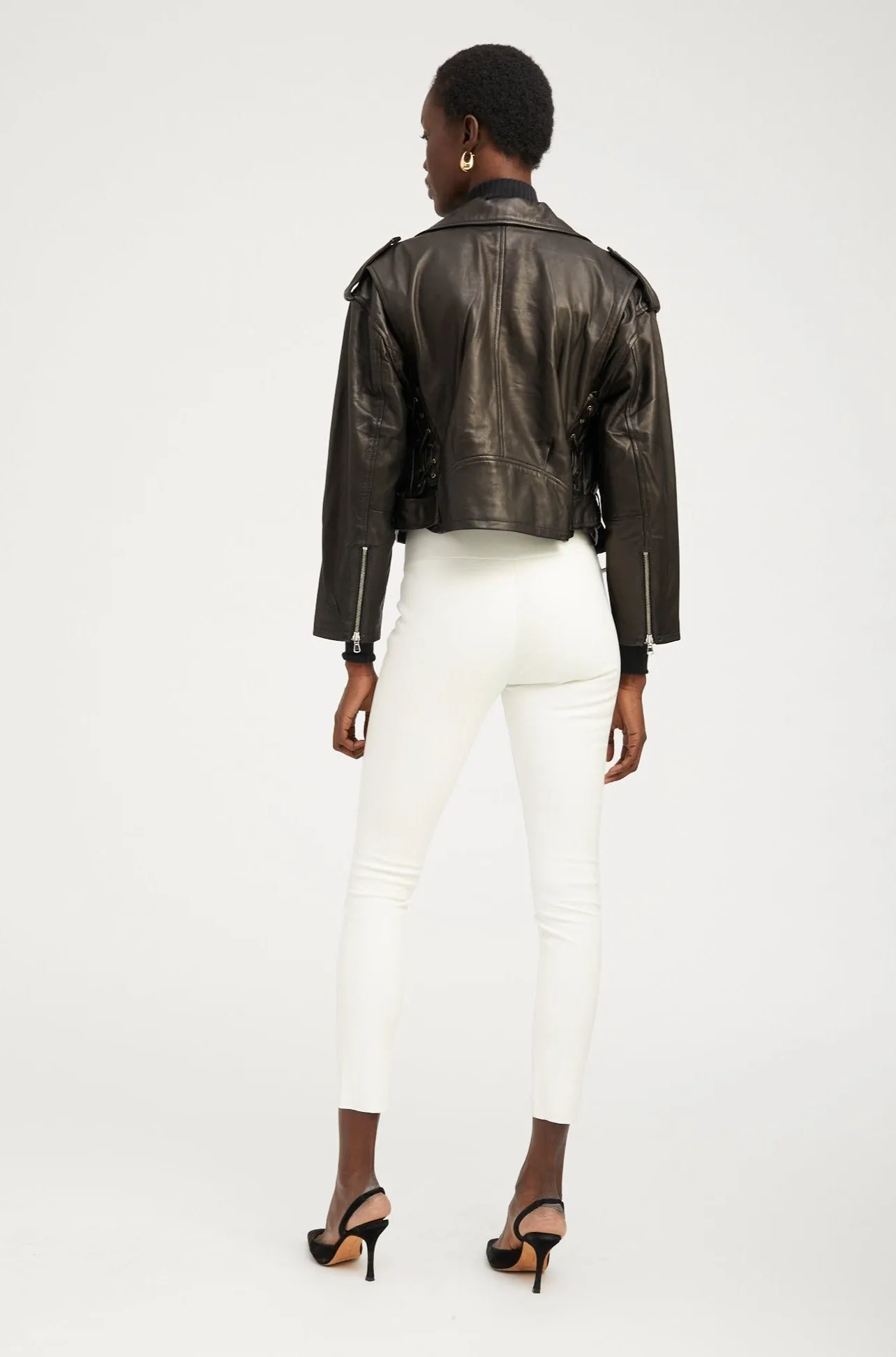 Black Leather Eyelet Lace-Up Moto Jacket