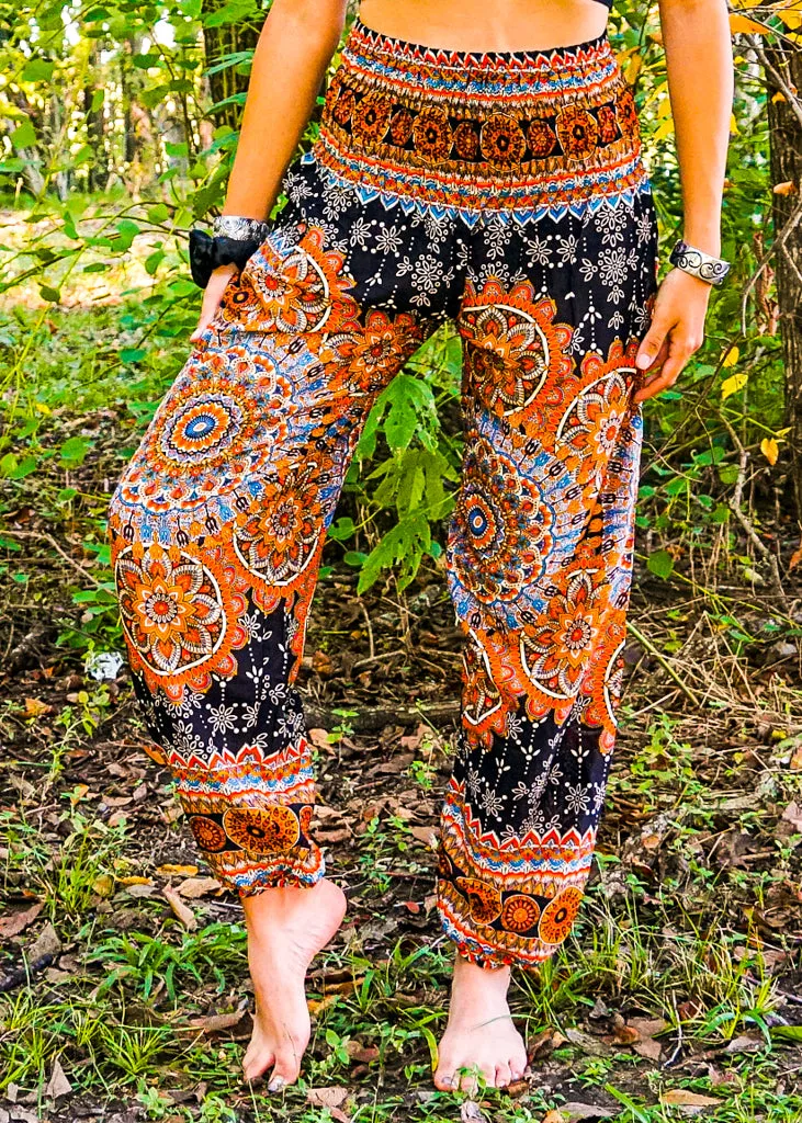 Black Orange Lotus Chakra Floral Harem Pants