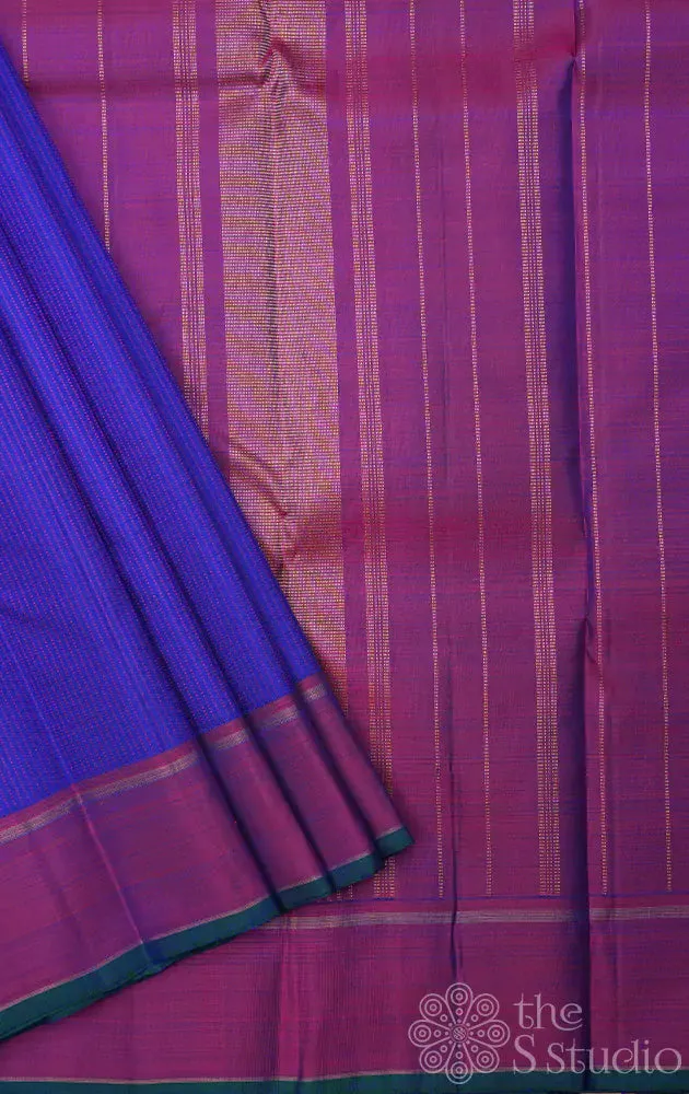 Blue kanchi silk saree with vertical thread lines and contrast pallu