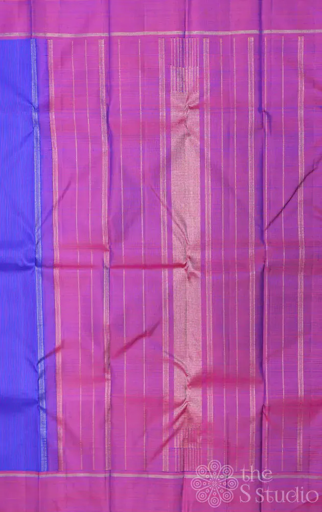 Blue kanchi silk saree with vertical thread lines and contrast pallu