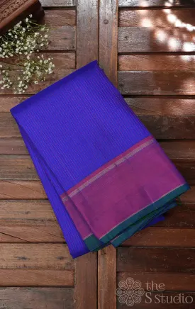 Blue kanchi silk saree with vertical thread lines and contrast pallu