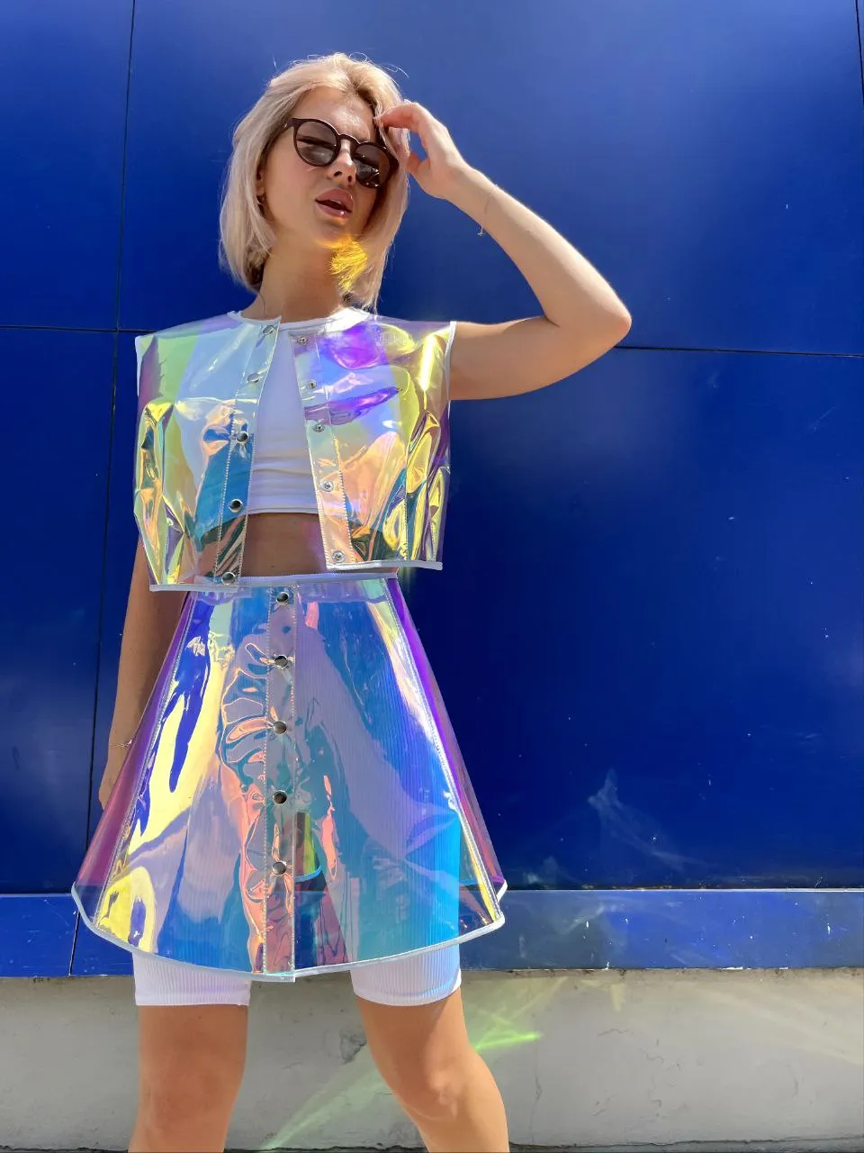 Bright TPU party set: unique iridescent crop top and skirt.