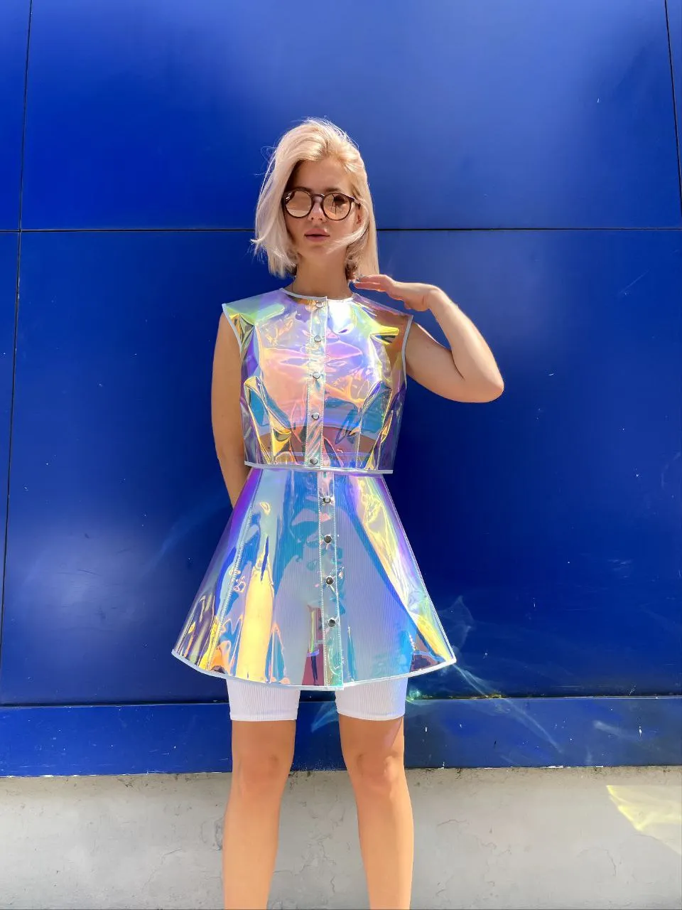 Bright TPU party set: unique iridescent crop top and skirt.