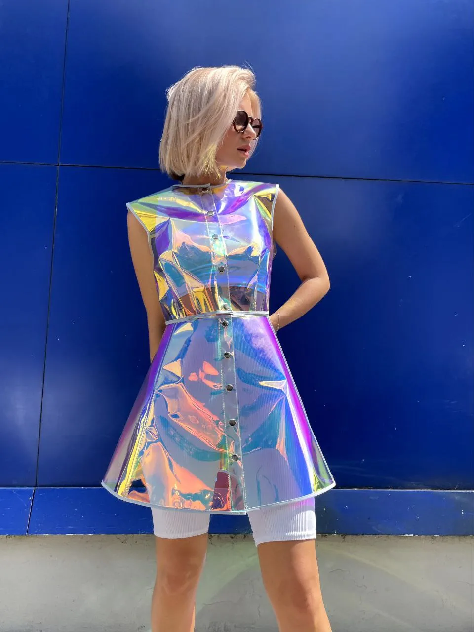 Bright TPU party set: unique iridescent crop top and skirt.