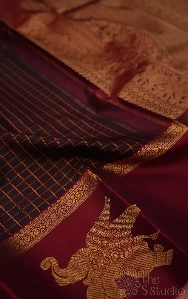 Brown kanchi silk saree with elephant motifs border