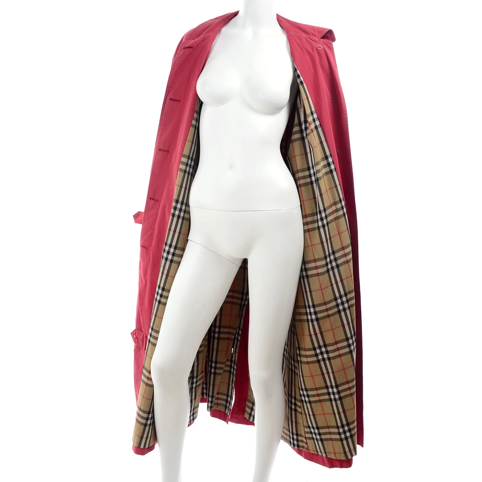 Burberrys Vintage Raspberry Pink Red Raincoat With Haymarket Check Tartan Plaid Lining