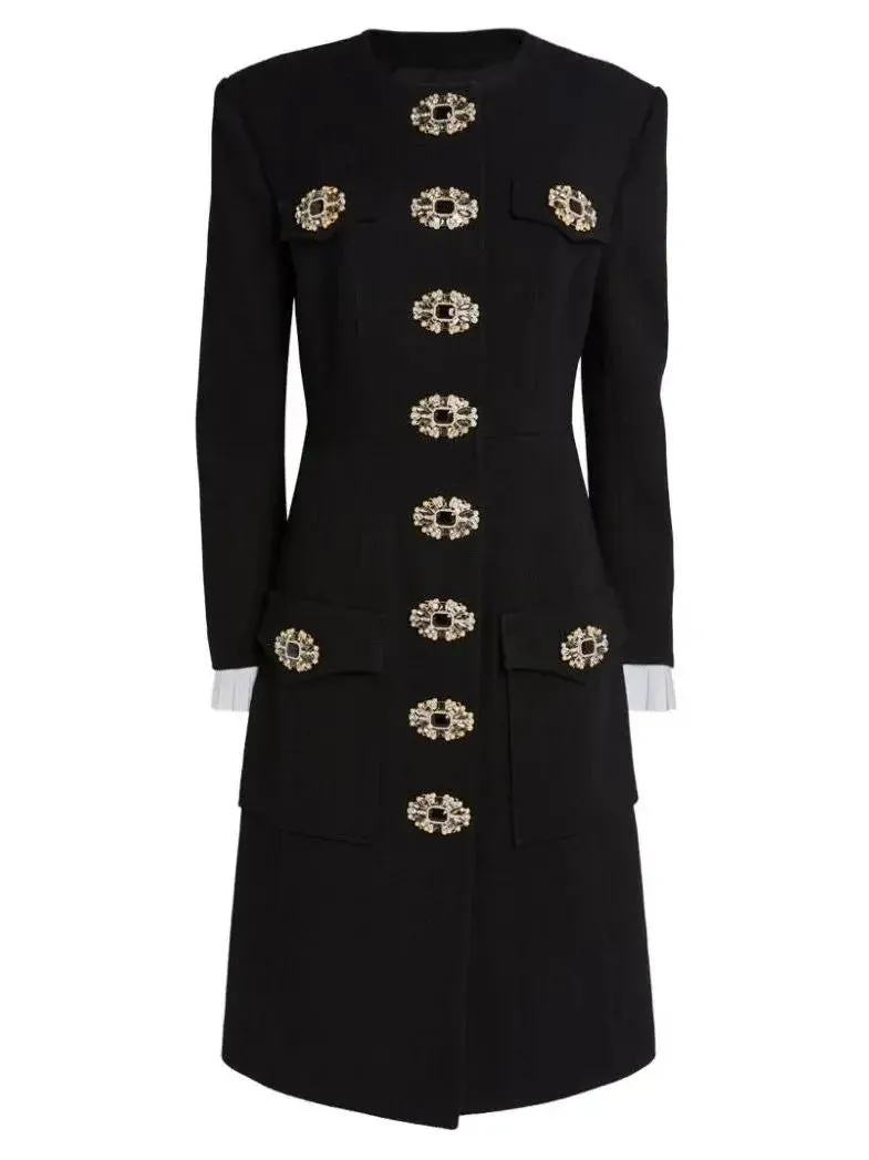 Button-Embellished Black Midi Coat