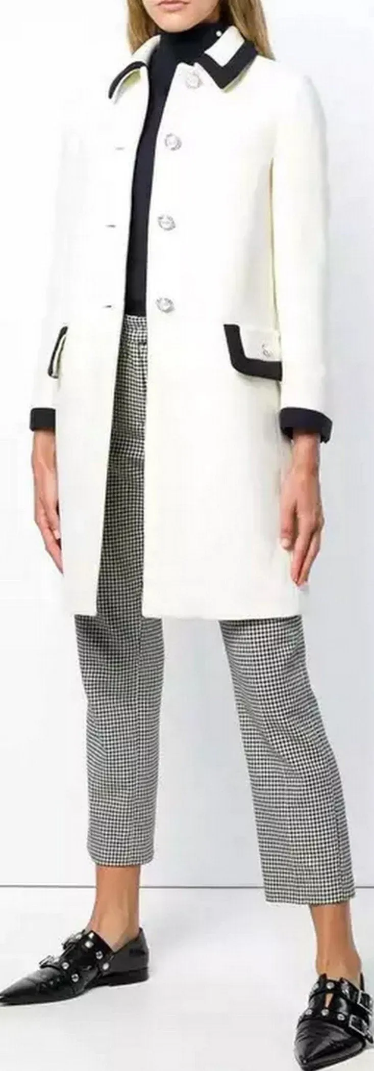 Button Embellished Contrast Trim Coat