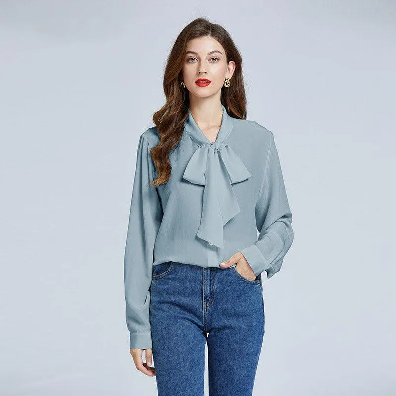 Chic Womens Silk Blouse Long Sleeves Silk Shirts Pure Color Bow Elegant Silk Top