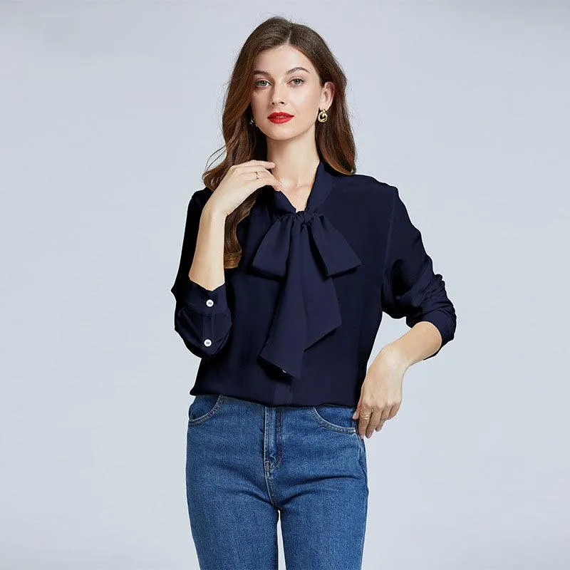 Chic Womens Silk Blouse Long Sleeves Silk Shirts Pure Color Bow Elegant Silk Top