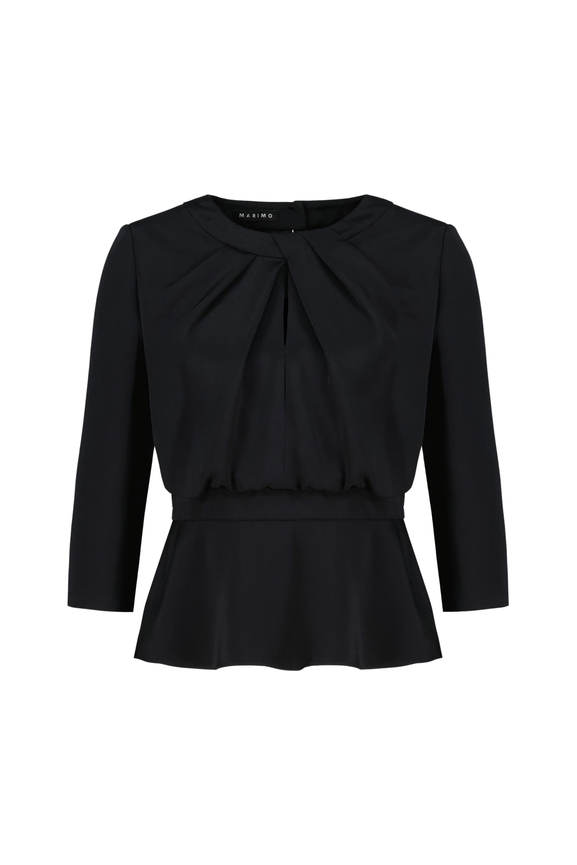 CLUSIA BLACK SILK PEPLUM TOP WITH DRAPED NECKLINE DETAIL