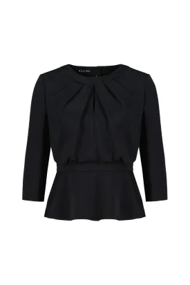 CLUSIA BLACK SILK PEPLUM TOP WITH DRAPED NECKLINE DETAIL