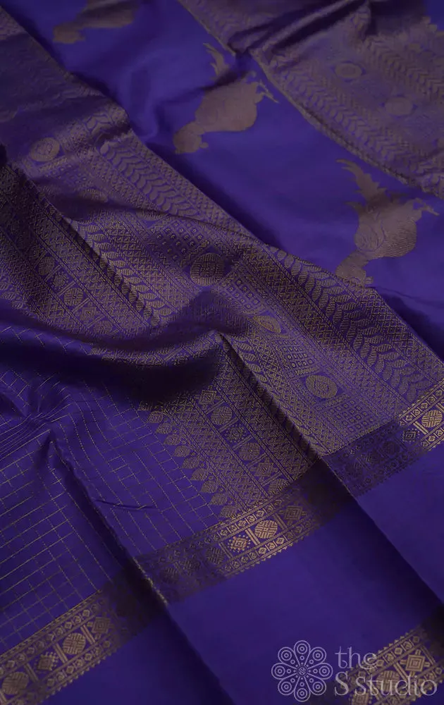 Dark lavendar kanchi silk saree with checks and  parrot pallu