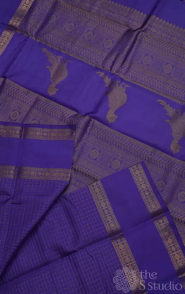 Dark lavendar kanchi silk saree with checks and  parrot pallu