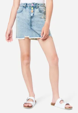 Distressed Rainbow-Button Denim Mini Skirt