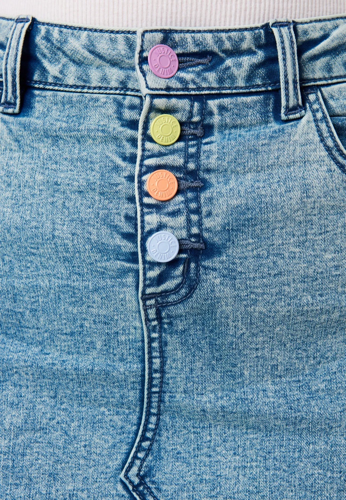 Distressed Rainbow-Button Denim Mini Skirt