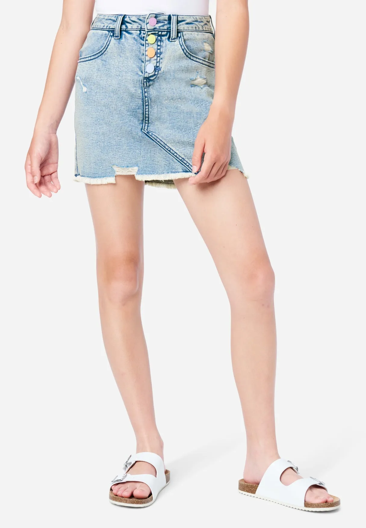 Distressed Rainbow-Button Denim Mini Skirt