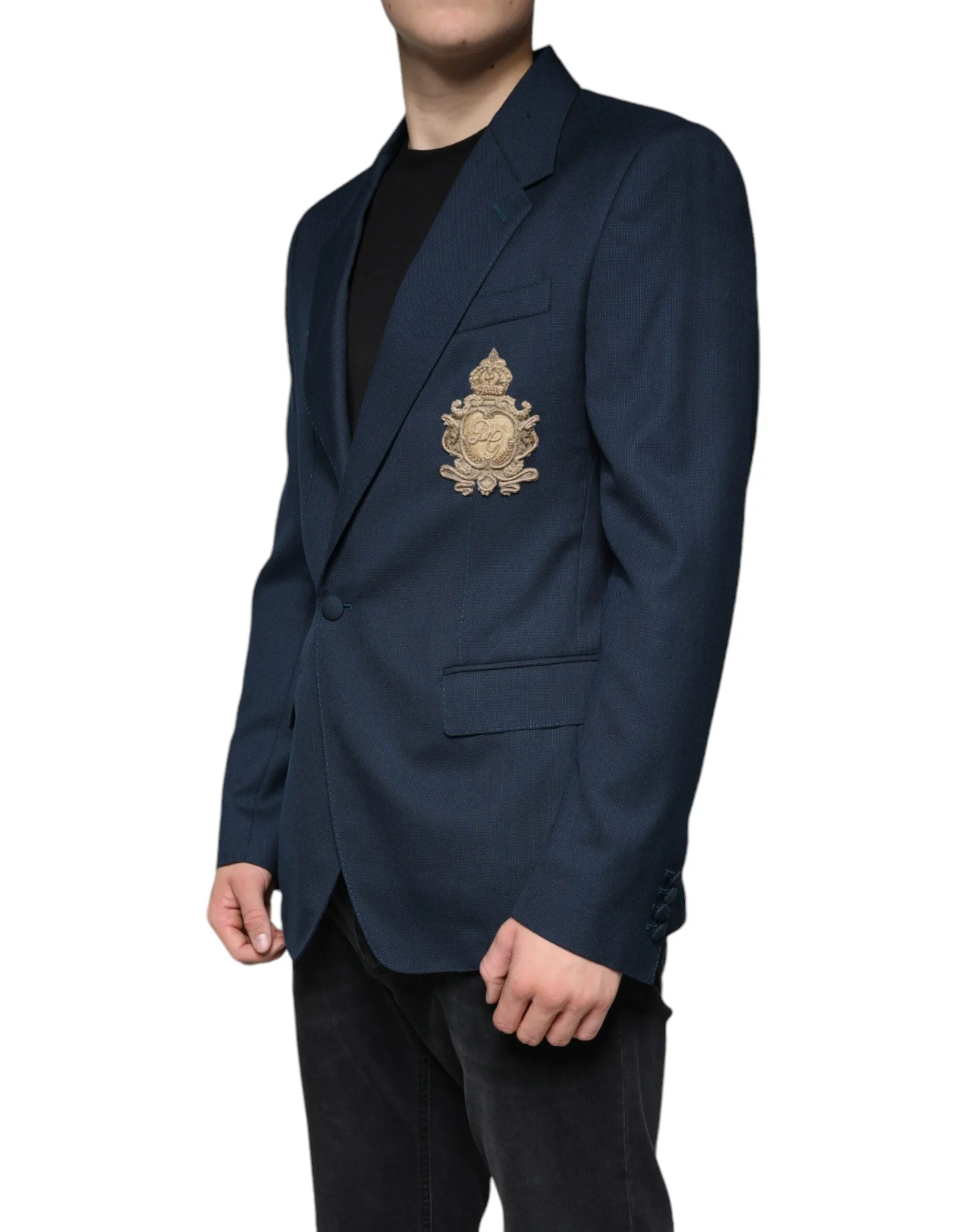 Dolce & Gabbana Blue Wool Logo Single Breasted Coat Blazer