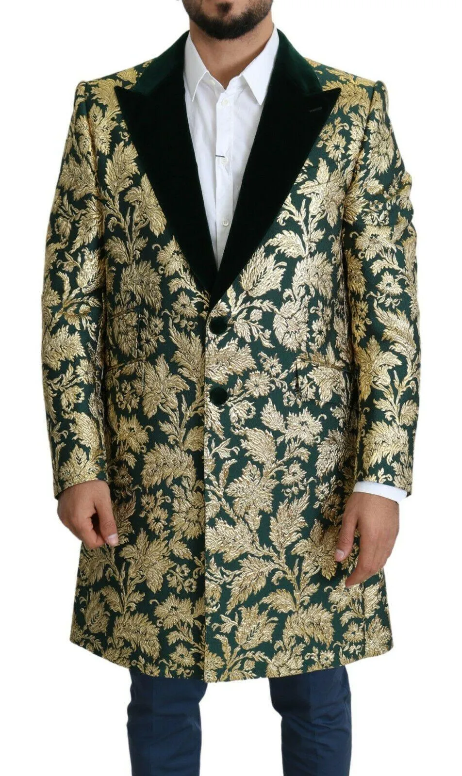 Dolce & Gabbana DOLCE & GABBANA Jacket SICILIA Green Gold Jacquard Long Coat