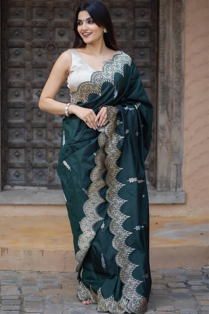 Eclat Dark Green Soft Silk Saree With Lagniappe Blouse Piece