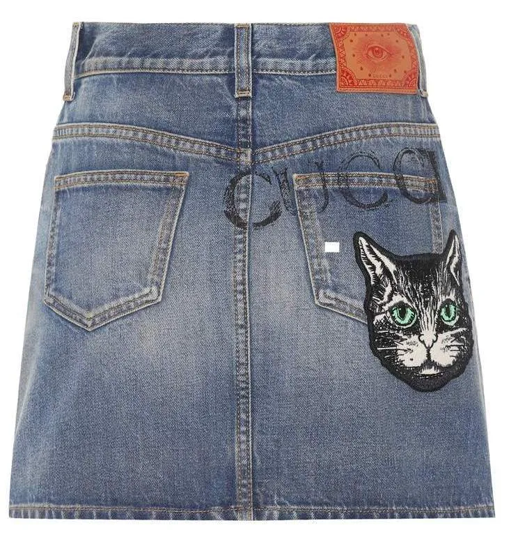 Embroidered Cat denim Mini-Skirt